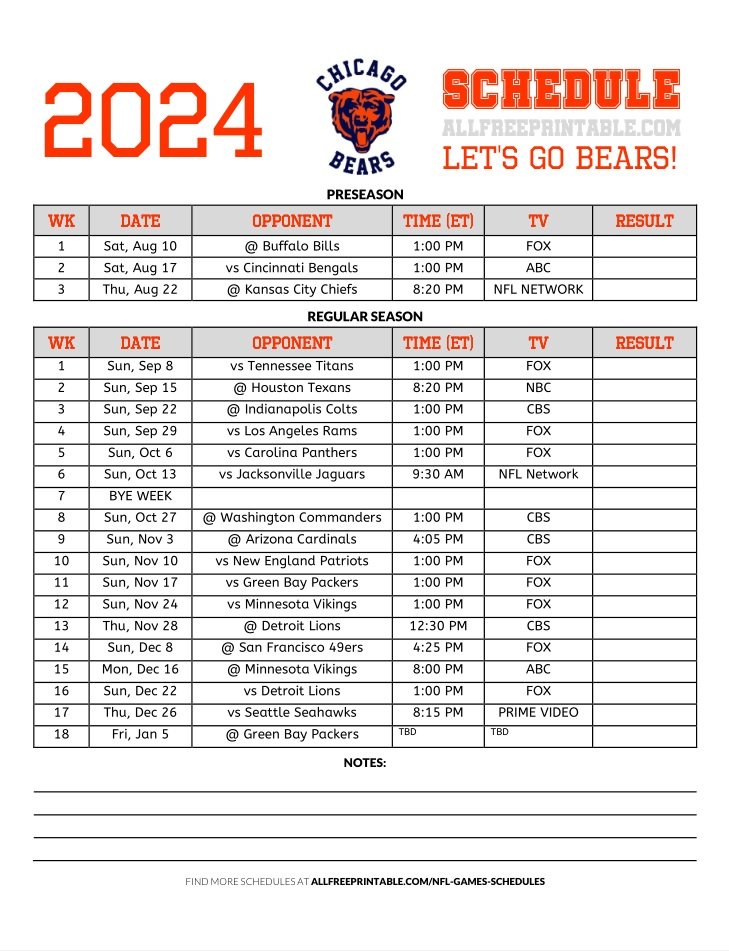 Free Printable 2024 Chicago Bears Schedule