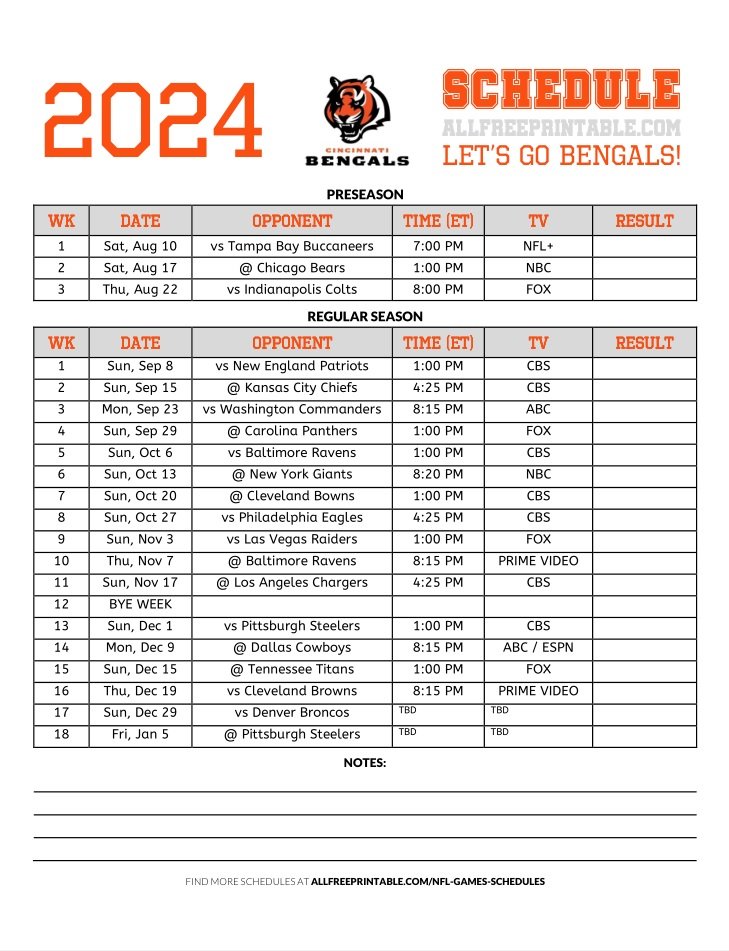 Free Printable 2024 Cincinnati Bengals Schedule