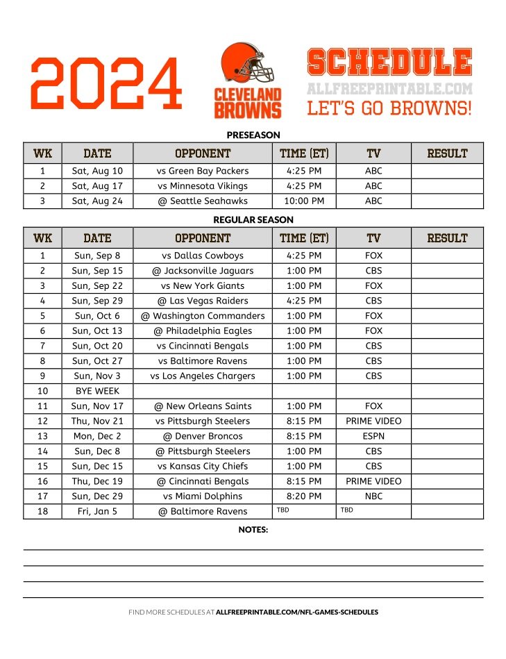 Free Printable 2024 Cleveland Browns Schedule