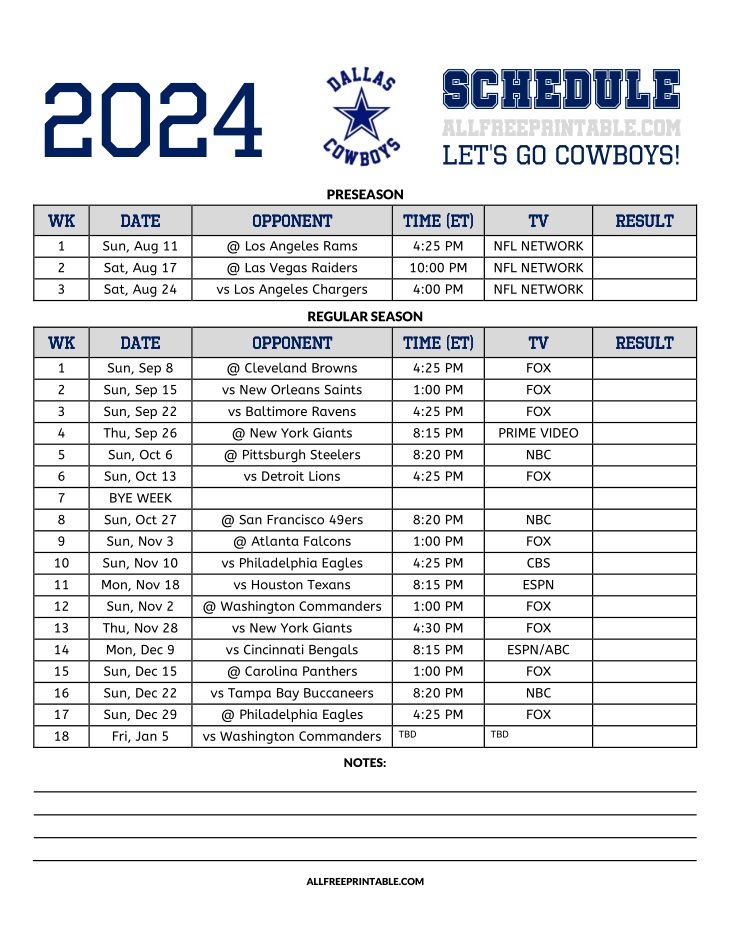 2024 Dallas Cowboys Schedule Free Printable