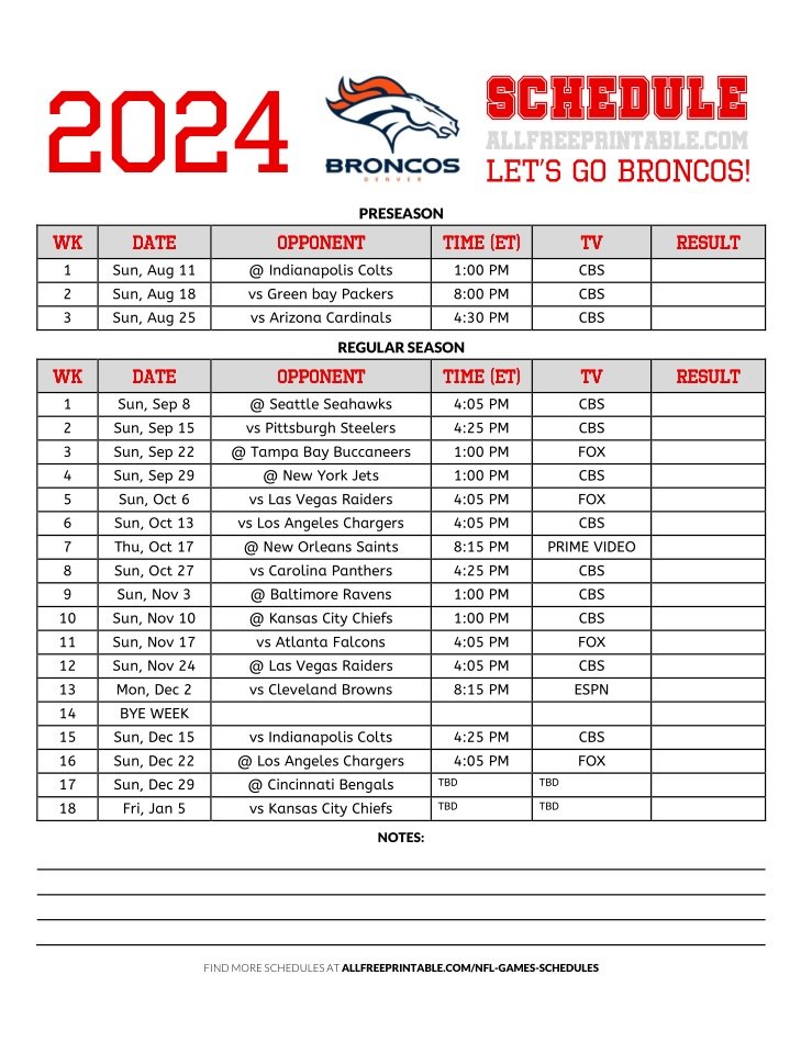 Free Printable 2024 Denver Broncos Schedule