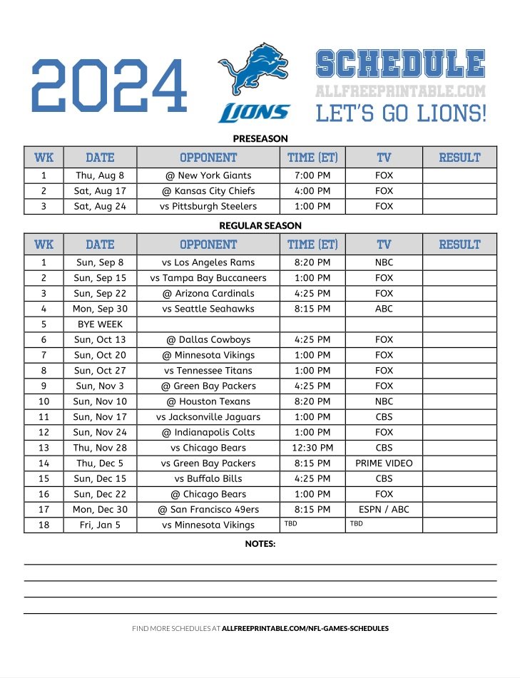 Free Printable 2024 Detroit Lions Schedule