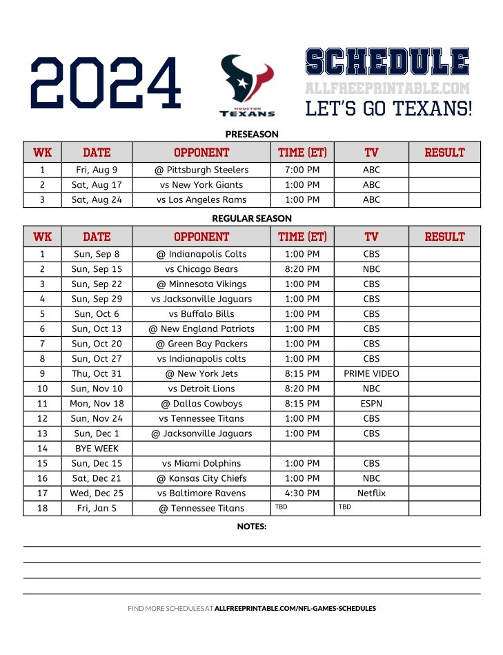 Free Printable 2024 Houston Texans Schedule