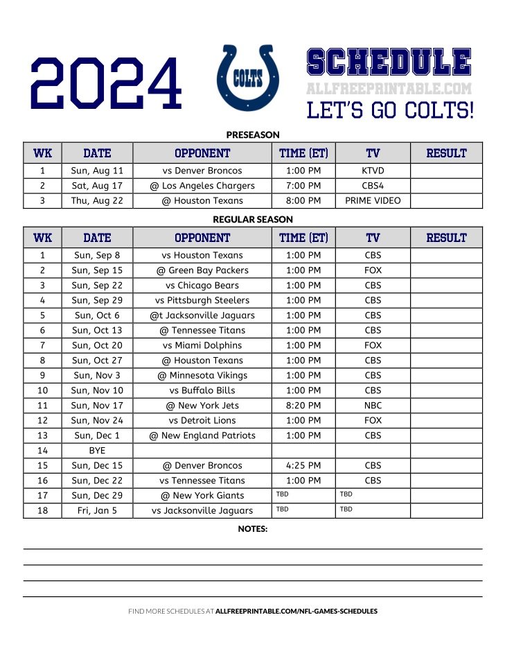 Free Printable 2024 Indianapolis Colts Schedule