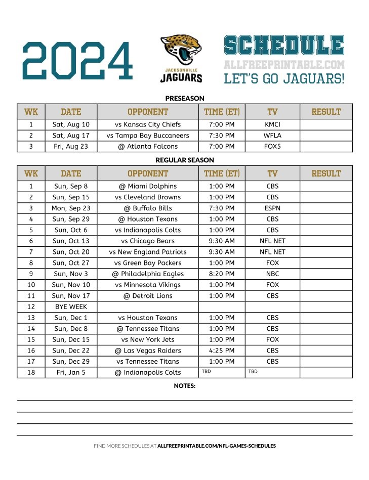 Free Printable 2024 Jacksonville Jaguars Schedule