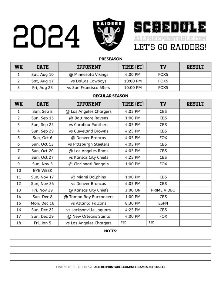 Free Printable 2024 Las Vegas Raiders Schedule