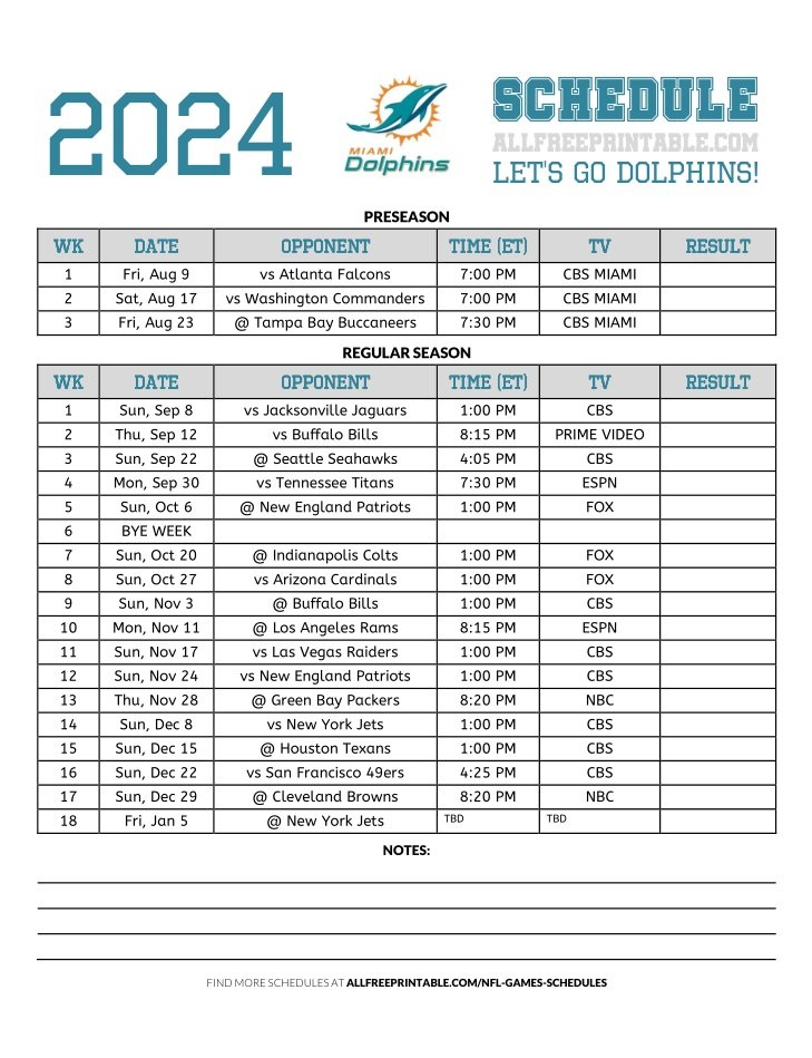 Free Printable 2024 Miami Dolphins Schedule