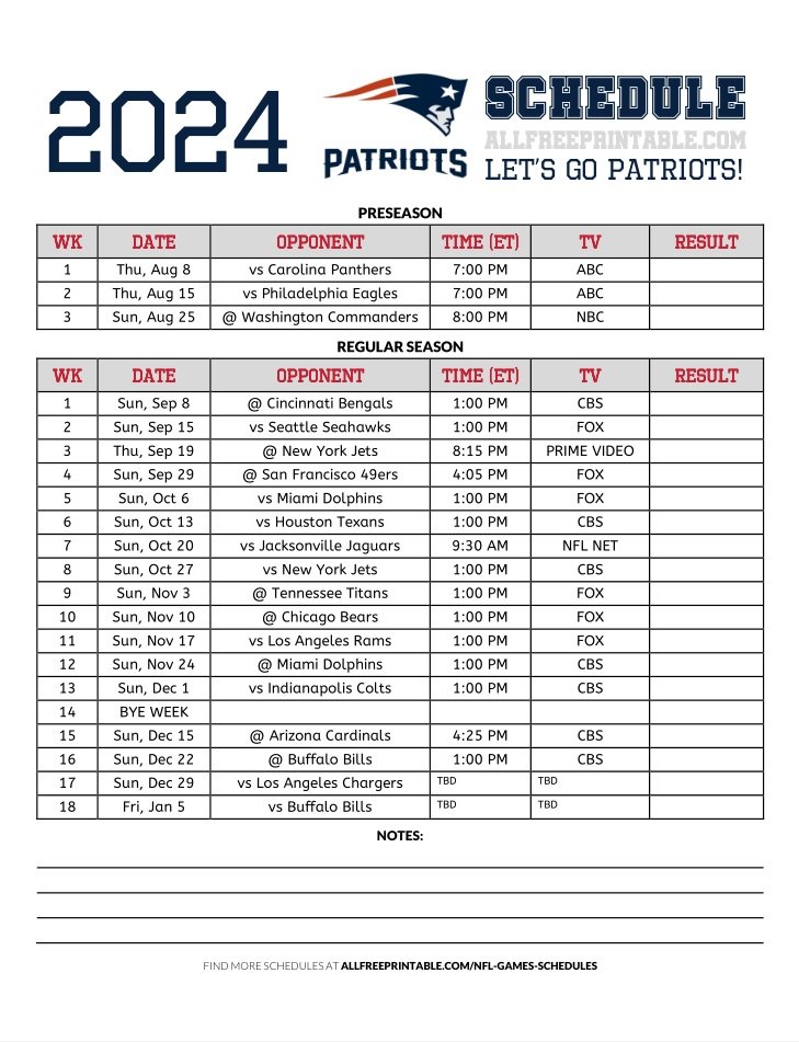 Free Printable 2024 New England Patriots Schedule