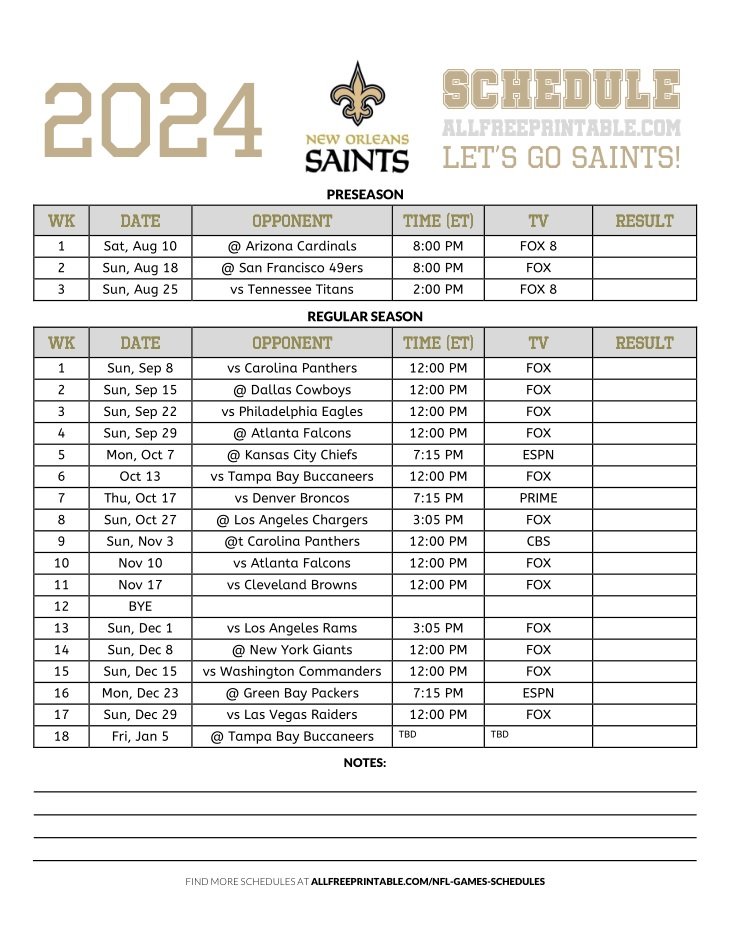 Free Printable 2024 New Orleans Saints Schedule