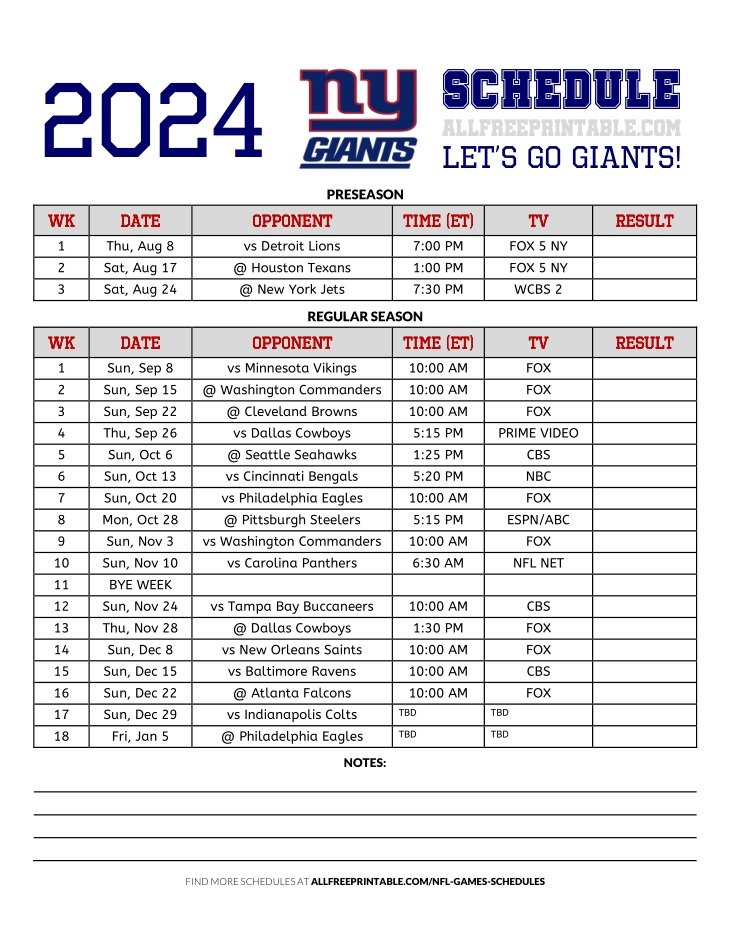 2024 New York Giants Schedule Free Printable