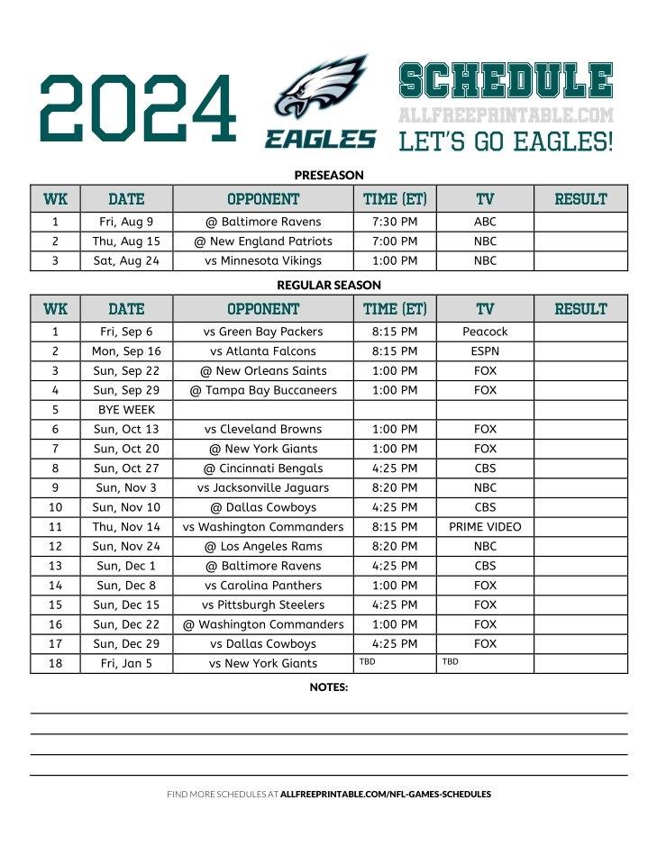 2024 Philadelphia Eagles Schedule Free Printable