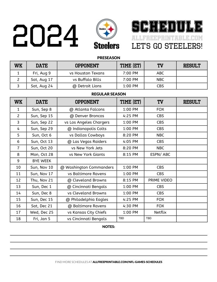 Free Printable 2024 Pittsburgh Steelers Schedule