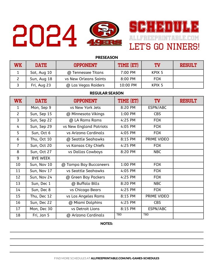 Free Printable 2024 San Francisco 49ers Schedule