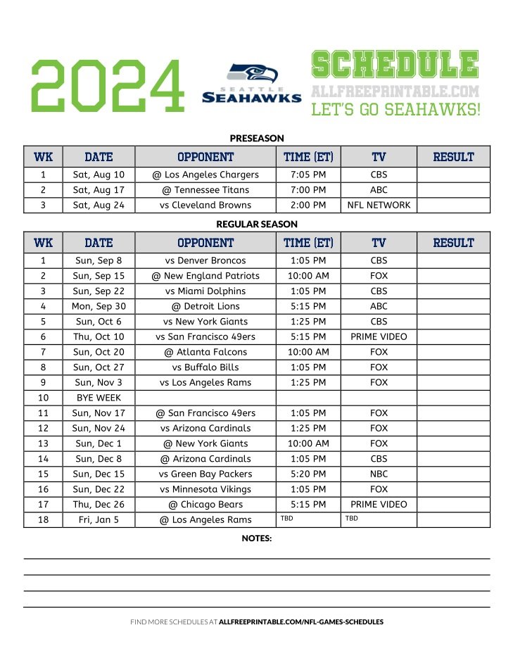 2024 Seattle Seahawks Schedule Free Printable