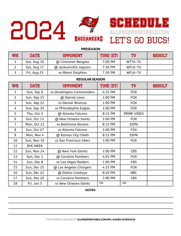 Free Printable 2024 Tampa Bay Buccaneers Schedule