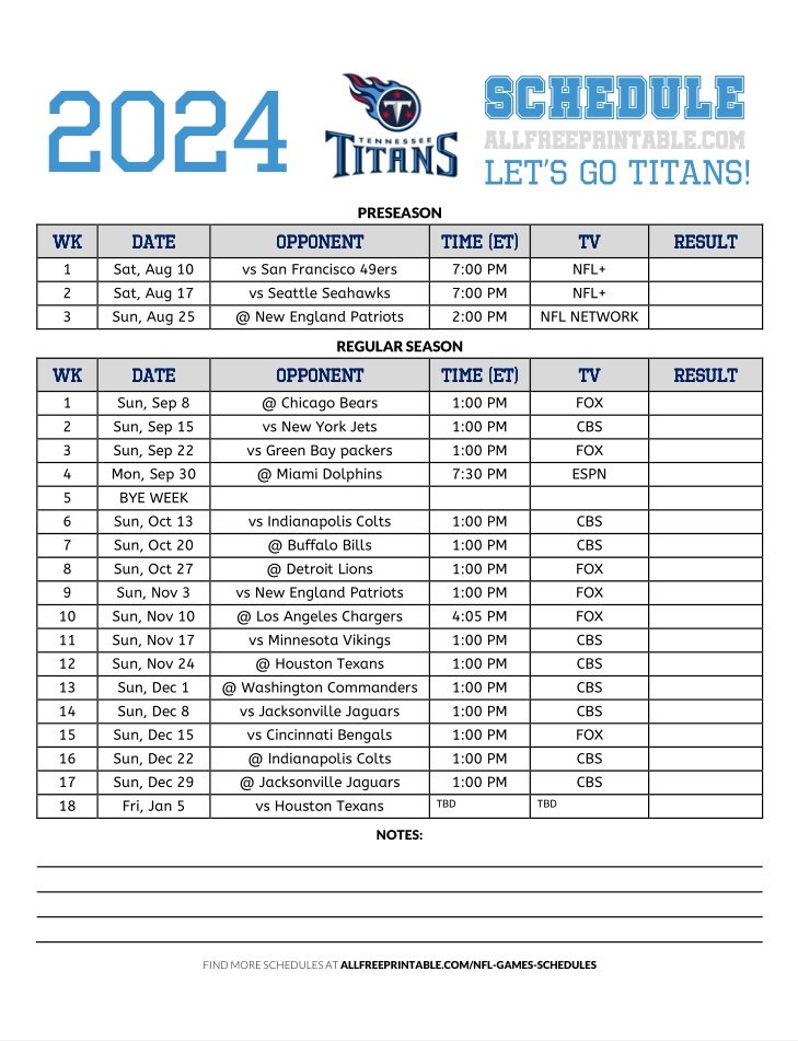 Free Printable 2024 Tennessee Titans Schedule