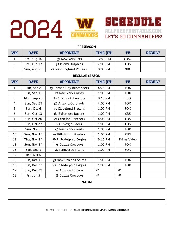 2024 Washington Commanders Schedule Free Printable