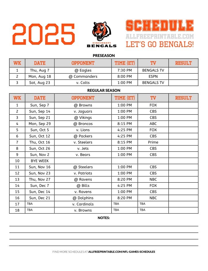 Free Printable 2025 Cincinnati Bengals Schedule