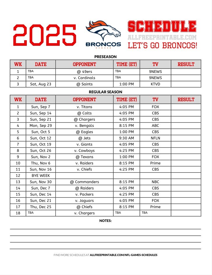 Free Printable 2025 Denver Broncos Schedule