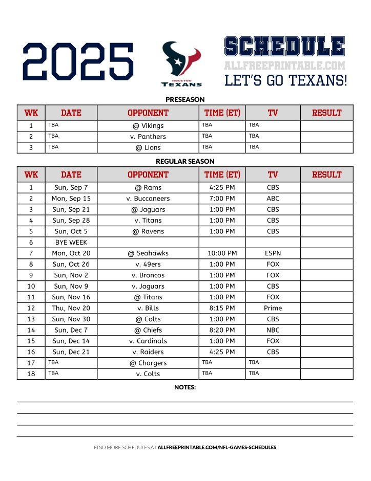 Free Printable 2025 Houston Texans Schedule