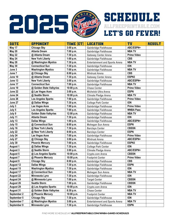 Free Printable 2025 Indiana Fever Schedule
