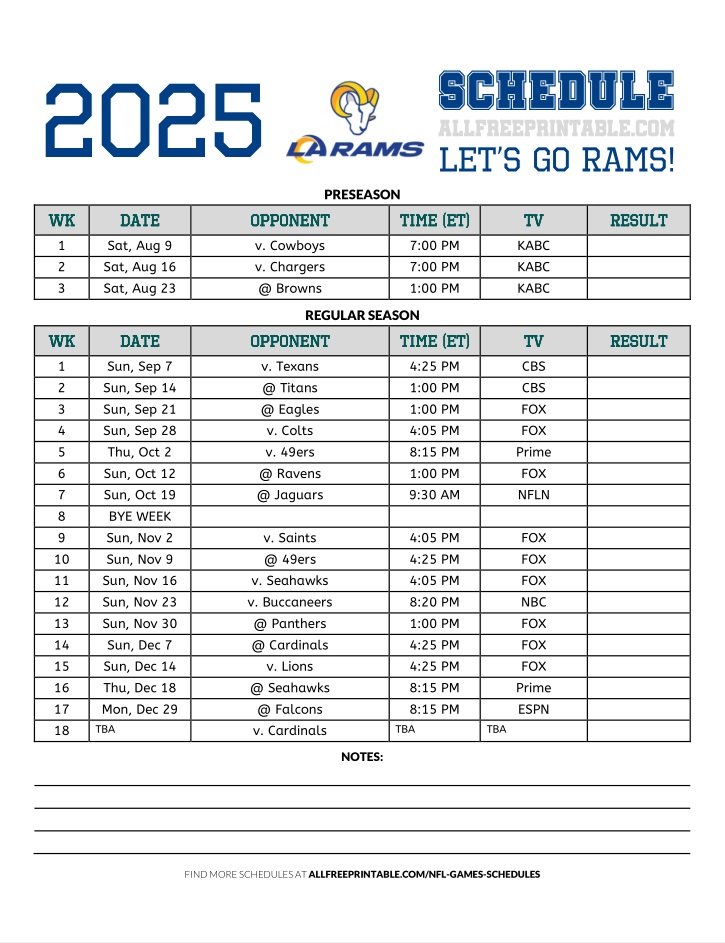 Free Printable 2025 Los Angeles Rams Schedule
