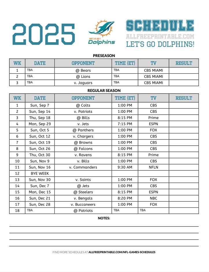 2025 Miami Dolphins Schedule Free Printable