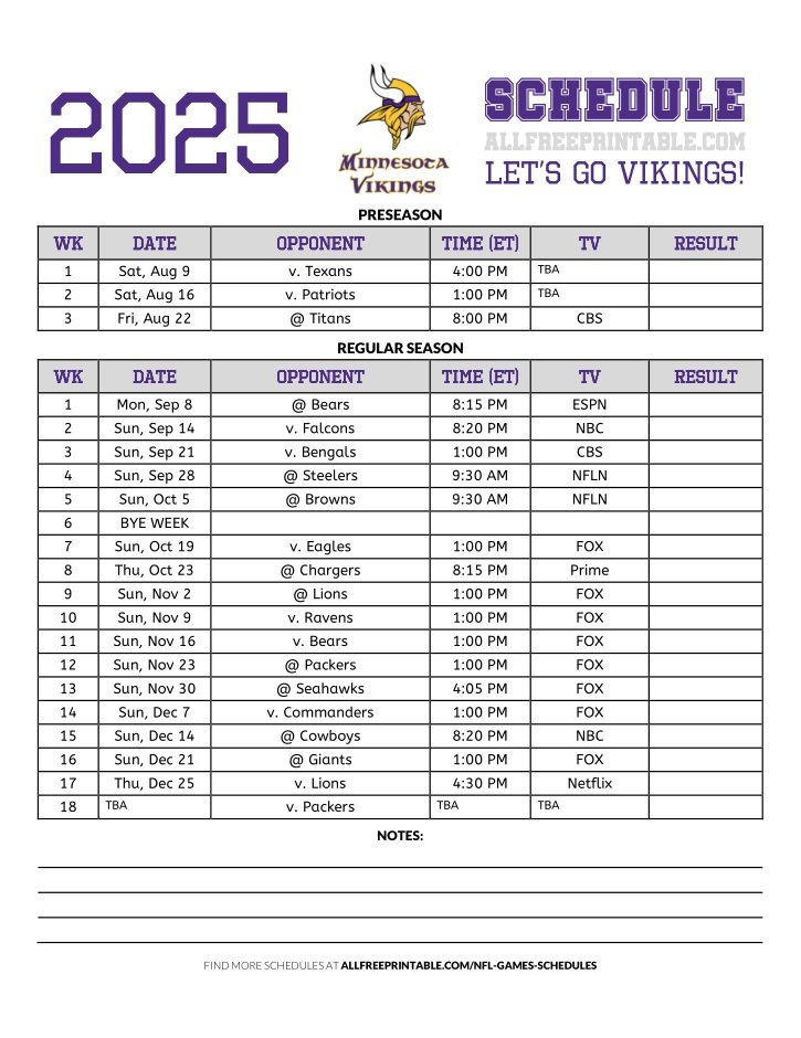 2025 Minnesota Vikings Schedule Free Printable 2025 Minnesota Vikings Schedule Free Printable