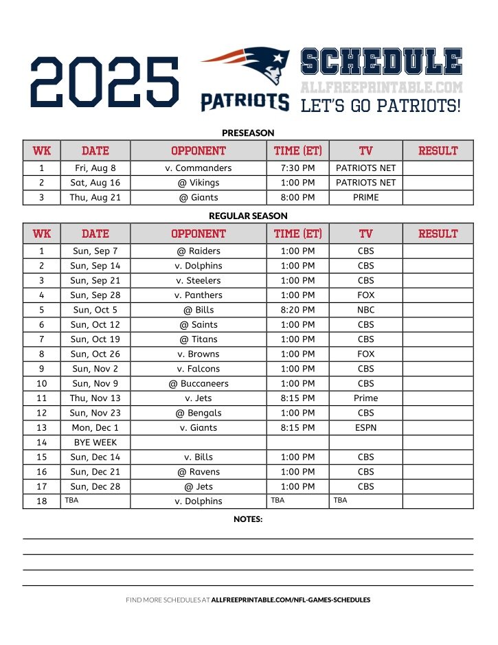 Free Printable 2025 New England Patriots Schedule