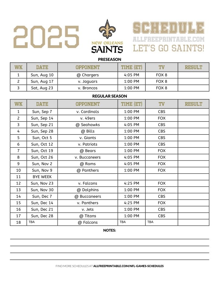 Free Printable 2025 New Orleans Saints Schedule