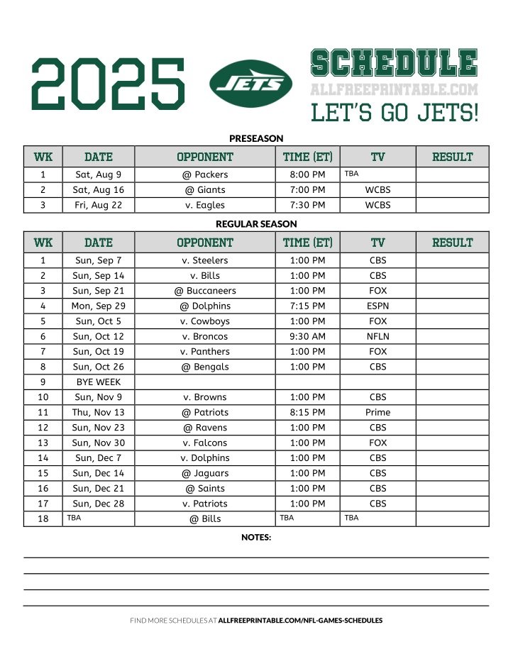 Free Printable 2025 New York Jets Schedule
