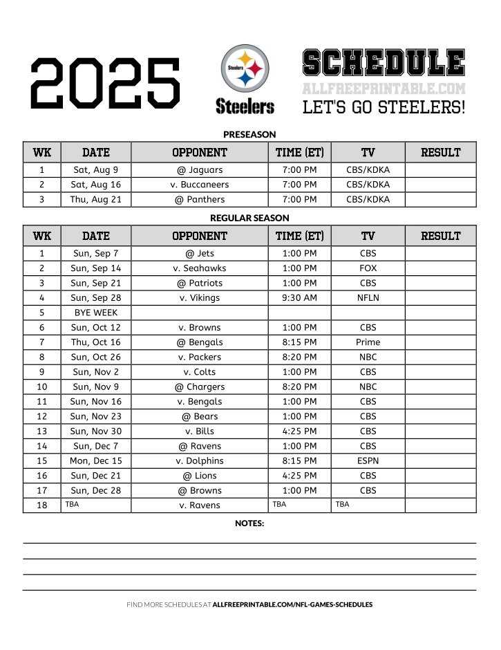 Free Printable 2025 Pittsburgh Steelers Schedule