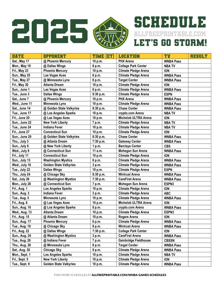 Free Printable 2025 Seattle Storm Schedule