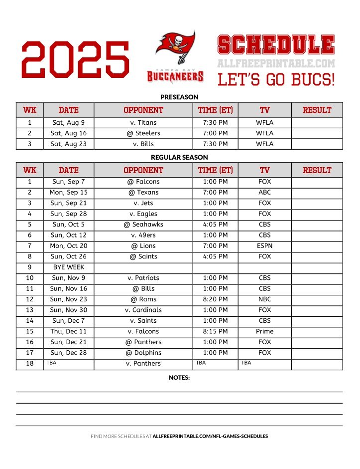 Free Printable 2025 Tampa Bay Buccaneers Schedule