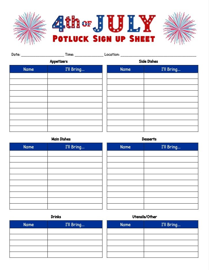 Free Printable 4th of July Potluck Sign Up Sheet