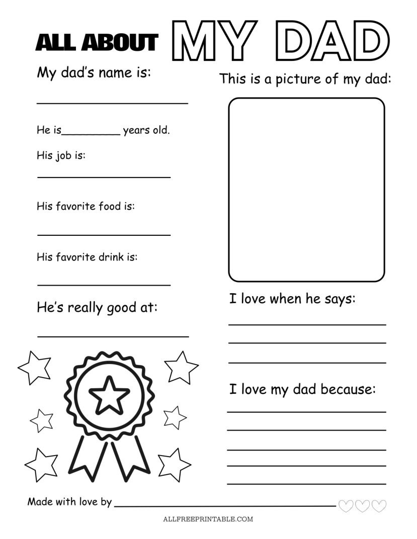 Free Printable All About My Dad Worksheet PDF