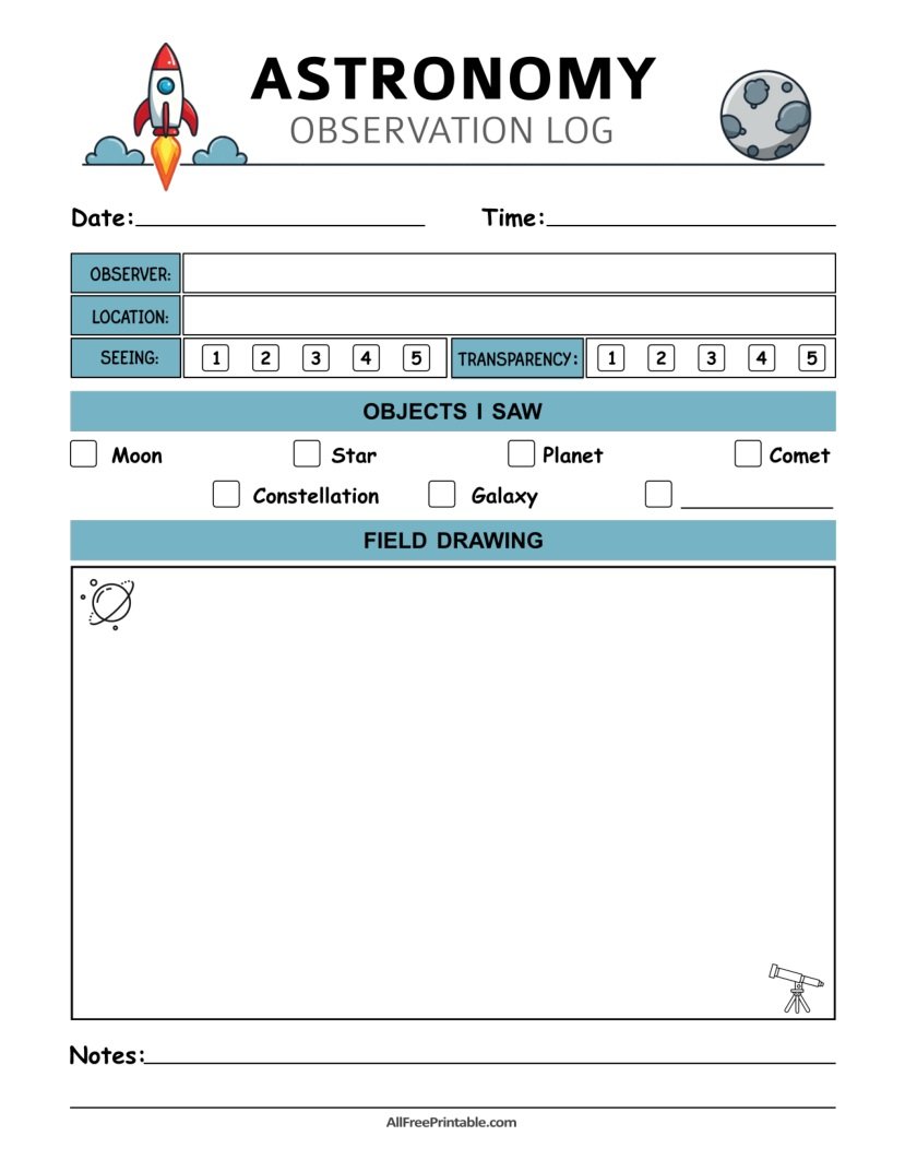 Free Printable Astronomy Observation Log for Kids Stargazing PDF