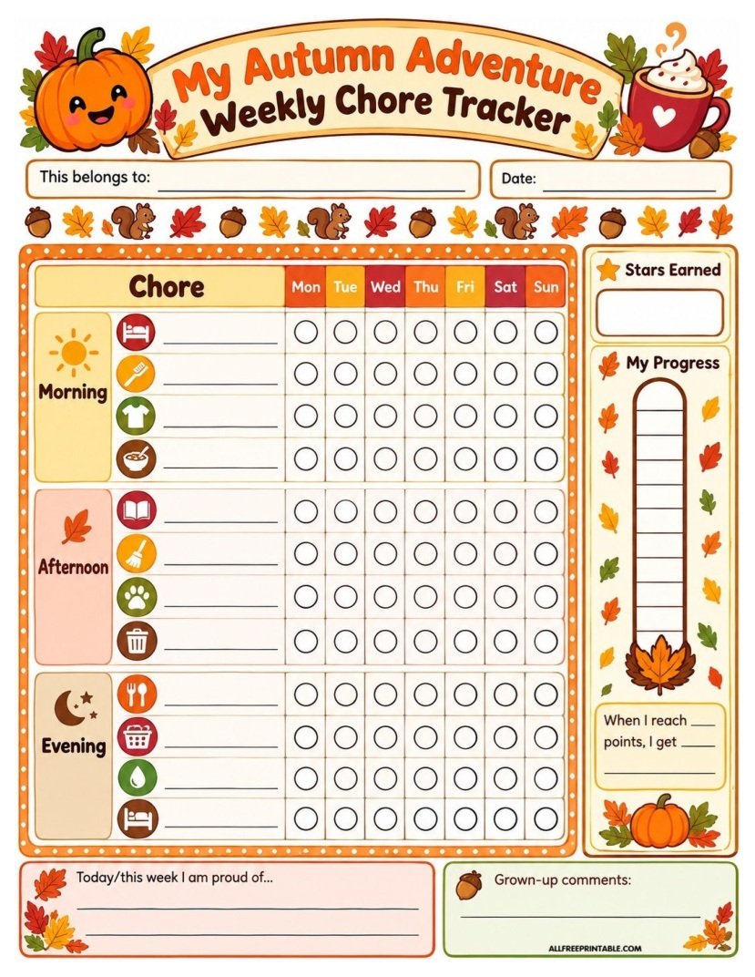 Free Printable Autumn Chore Tracker for Kids - Free Weekly Chart PDF