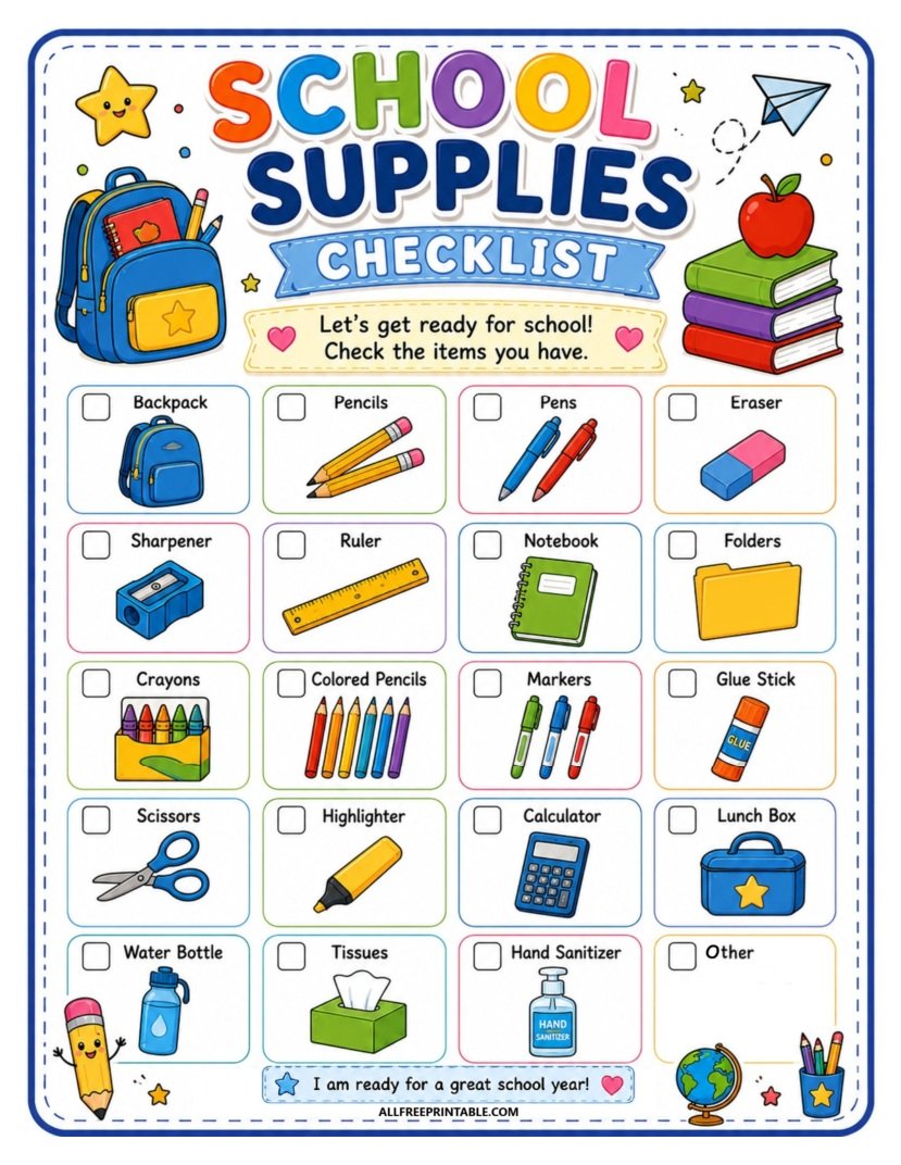 Free Printable Back to School Supplies Checklist PDF