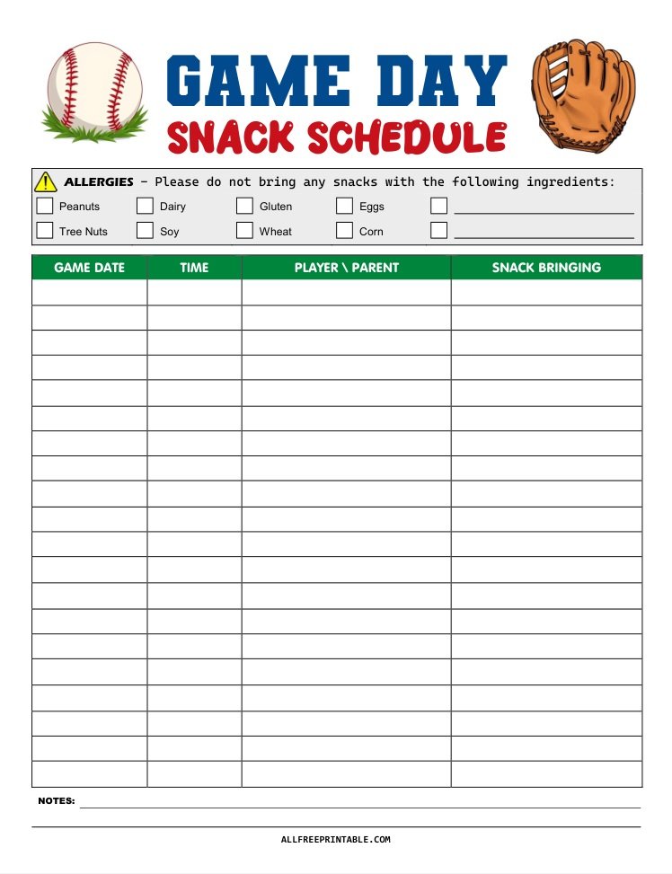 Free Printable Baseball Game Day Snack Schedule Free Printable Baseball Game Day Snack Schedule