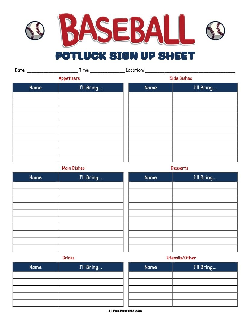 Free Printable Baseball Potluck Sign Up Sheet