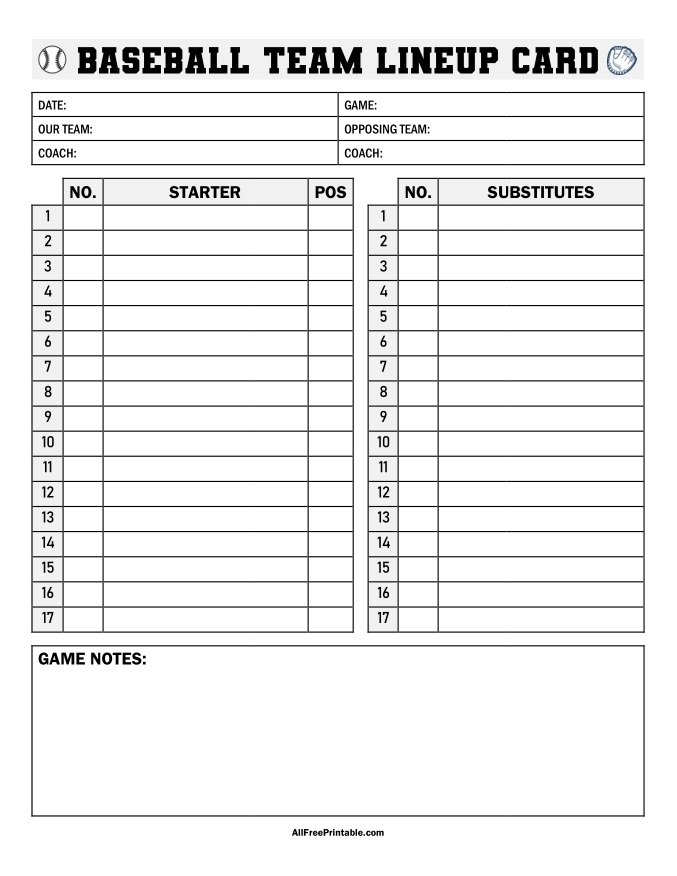 Free Printable Baseball Team Lineup Card