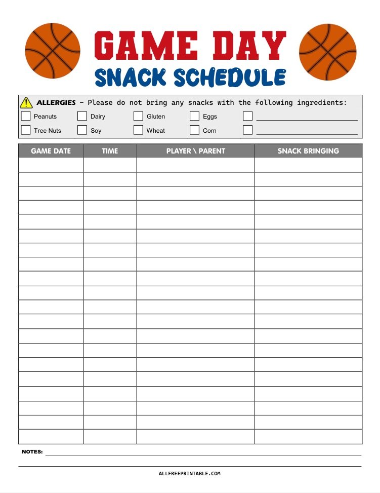 Free Printable Basketball Game Day Snack Schedule Free Printable Basketball Game Day Snack Schedule