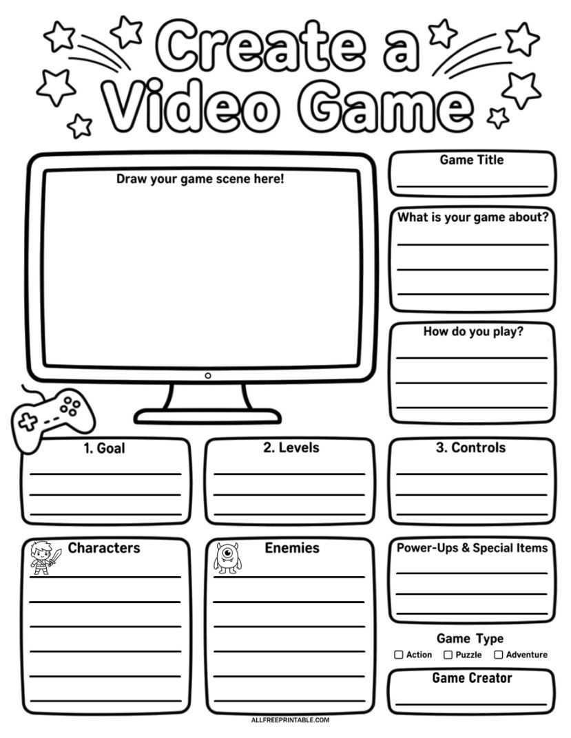 Free Printable Create a Video Game Worksheet for Kids PDF