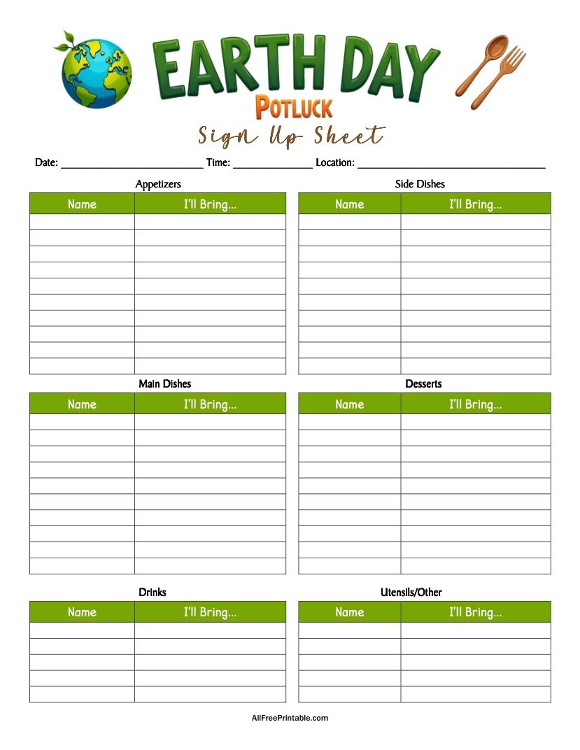 Free Printable Earth Day Potluck Sign Up Sheet PDF