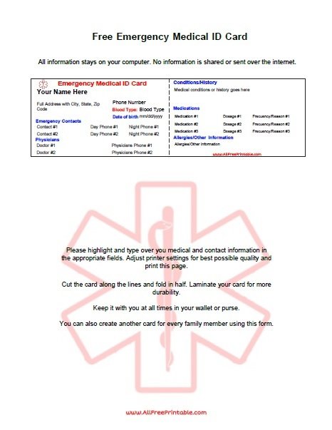 Free Printable Emergency Medical ID Card