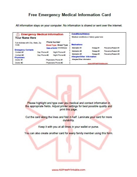 Free Printable Emergency Medical Information Card