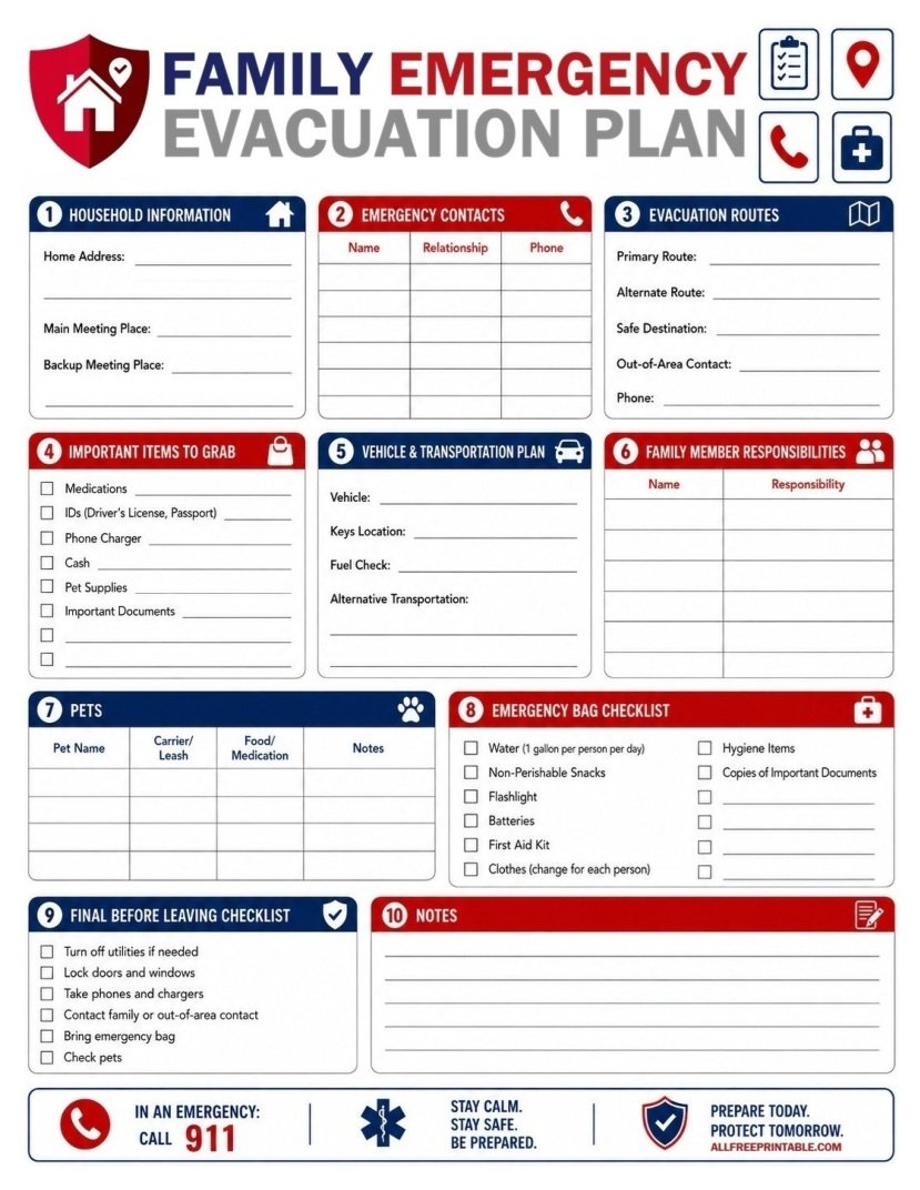 Family Emergency Plan PDF & Home Evacuation Checklist