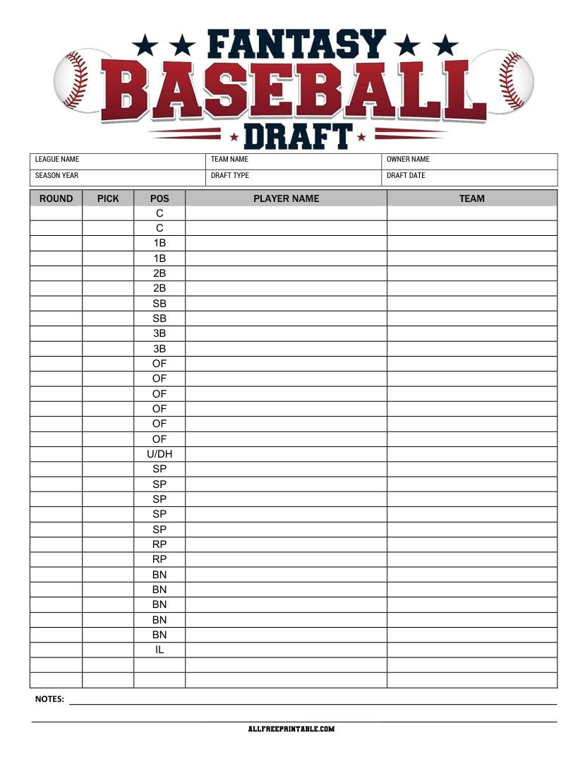 Free Printable Fantasy Baseball Draft Board Sheet PDF