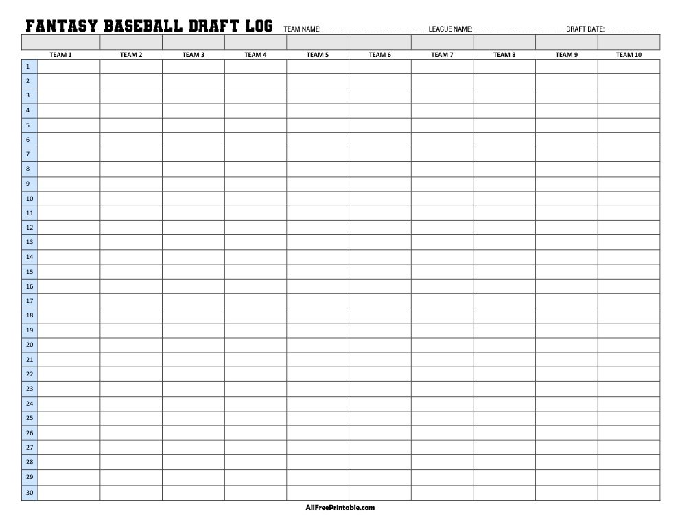 Free Printable Fantasy Baseball Draft Log PDF